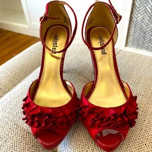Unlisted red ruffle open toe heels w/ ankle strap
